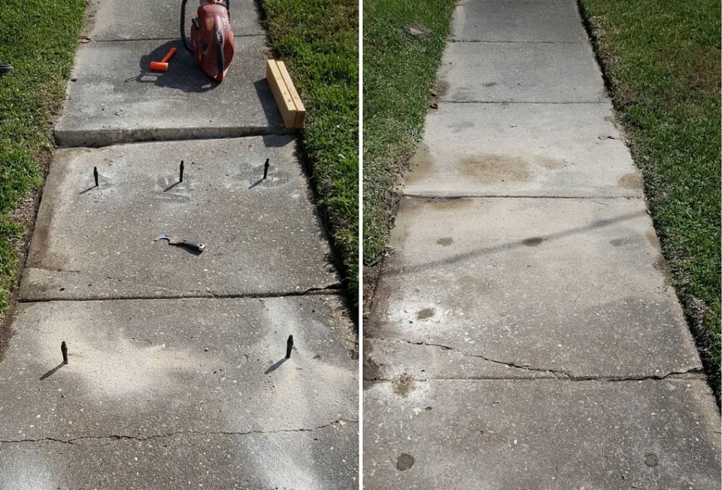 A side by side comparison of a sunken concrete sidewalk before sidewalk repair by MDH
